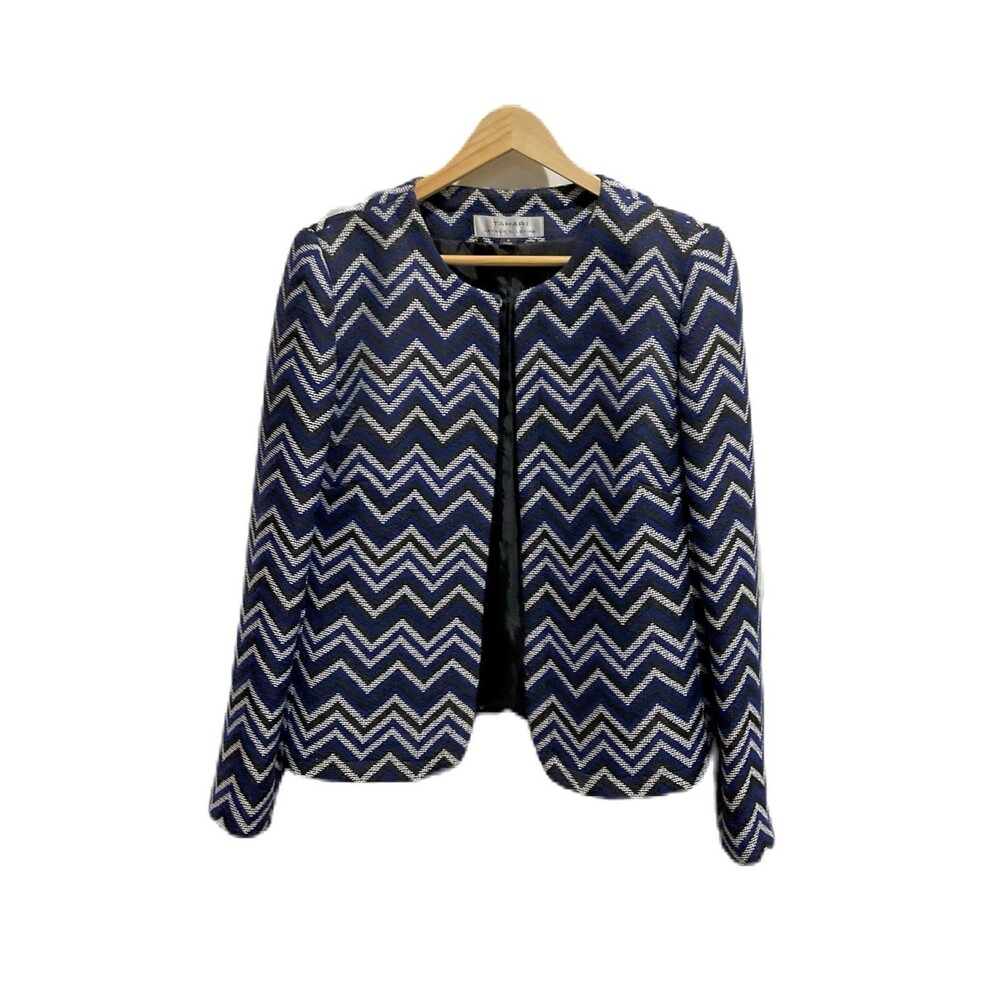 Tahari-Arthur S. Levine -Navy Blue, Black & White Chevron Tweed Jacket (Size 8)